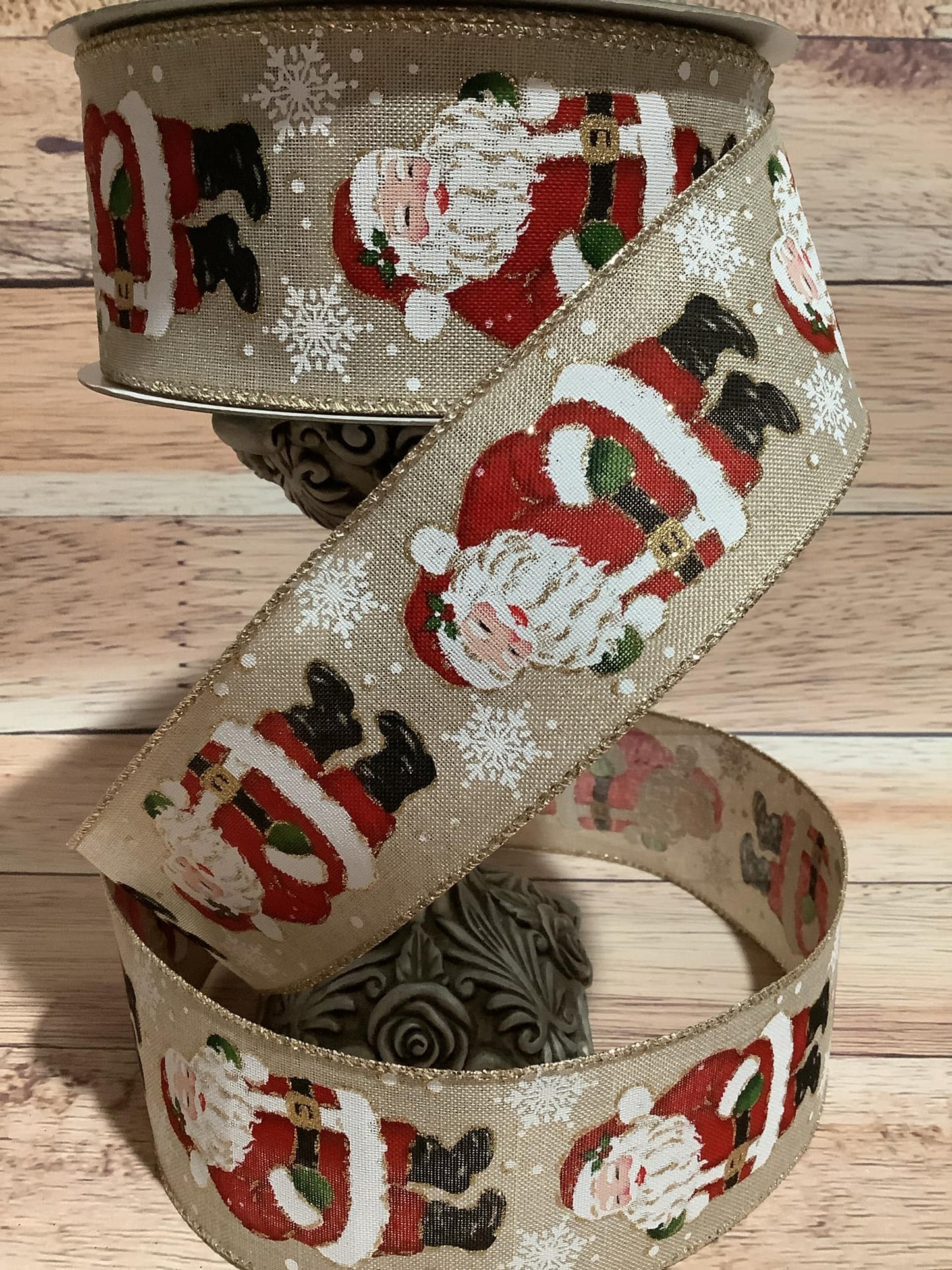 2.5" x 5 Yards Wired Beige Canvas Ribbon With Santa Claus Print With Snowflakes - Ribbon For Bows, Wreaths And Home Decor - Wired Christmas Ribbon