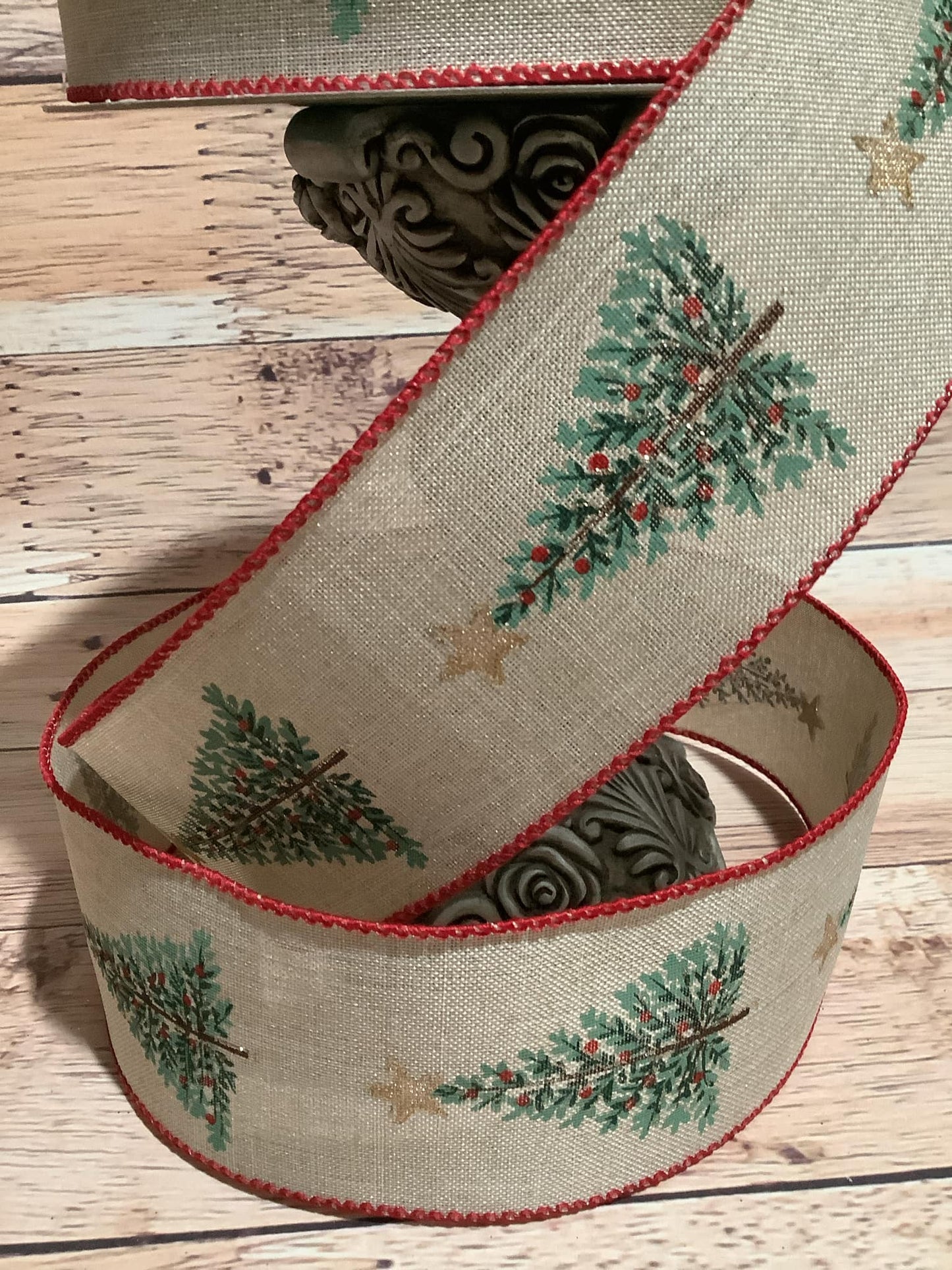 2.5" x 5 Yards Wired Beige Ribbon With Christmas Tree Print - Wired Christmas Ribbon