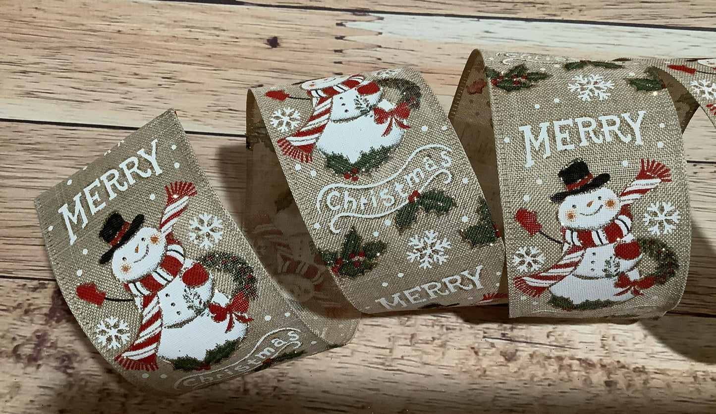 2.5" x 5 Yards Wired Beige Canvas With Snowman And Merry Christmas Print - Wired Christmas Ribbon - Ribbon For Bows, Wreaths And Home Decor