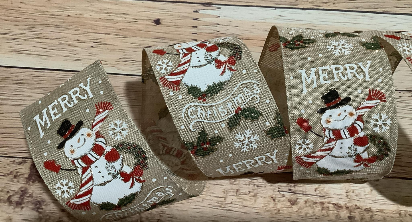 2.5" x 5 Yards Wired Beige Canvas With Snowman And Merry Christmas Print - Wired Christmas Ribbon - Ribbon For Bows, Wreaths And Home Decor