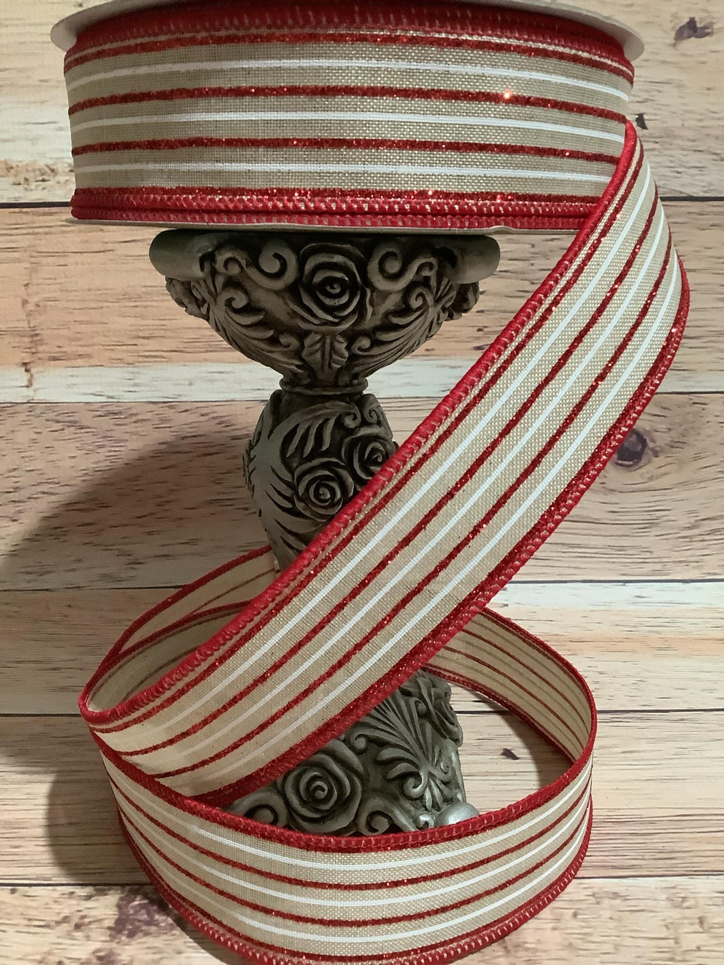 1.5" x 5 Yards Beige Canvas Ribbon with White And Red Glitter Horizontal Stripes - Christmas, Valentine Ribbon - Ribbon For Bows, Wreaths And Home Decor