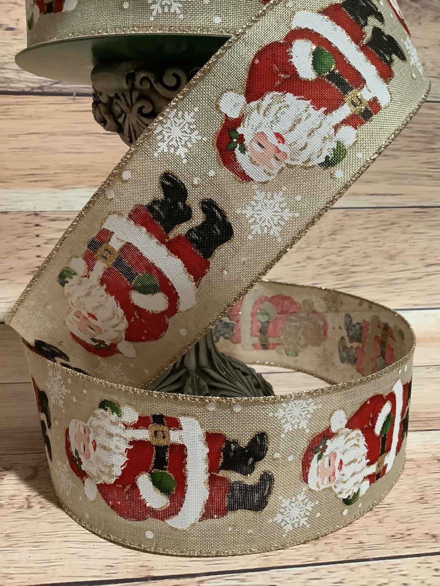 2.5" x 5 Yards Wired Beige Canvas Ribbon With Santa Claus Print With Snowflakes - Ribbon For Bows, Wreaths And Home Decor - Wired Christmas Ribbon