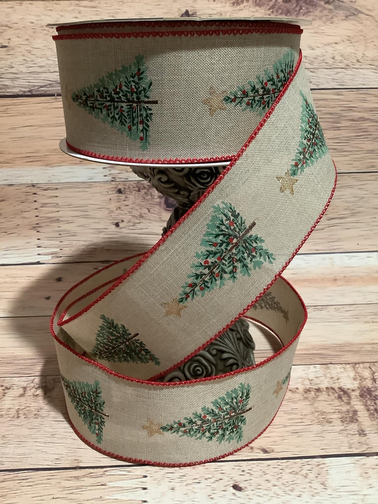 2.5" x 5 Yards Wired Beige Ribbon With Christmas Tree Print - Wired Christmas Ribbon