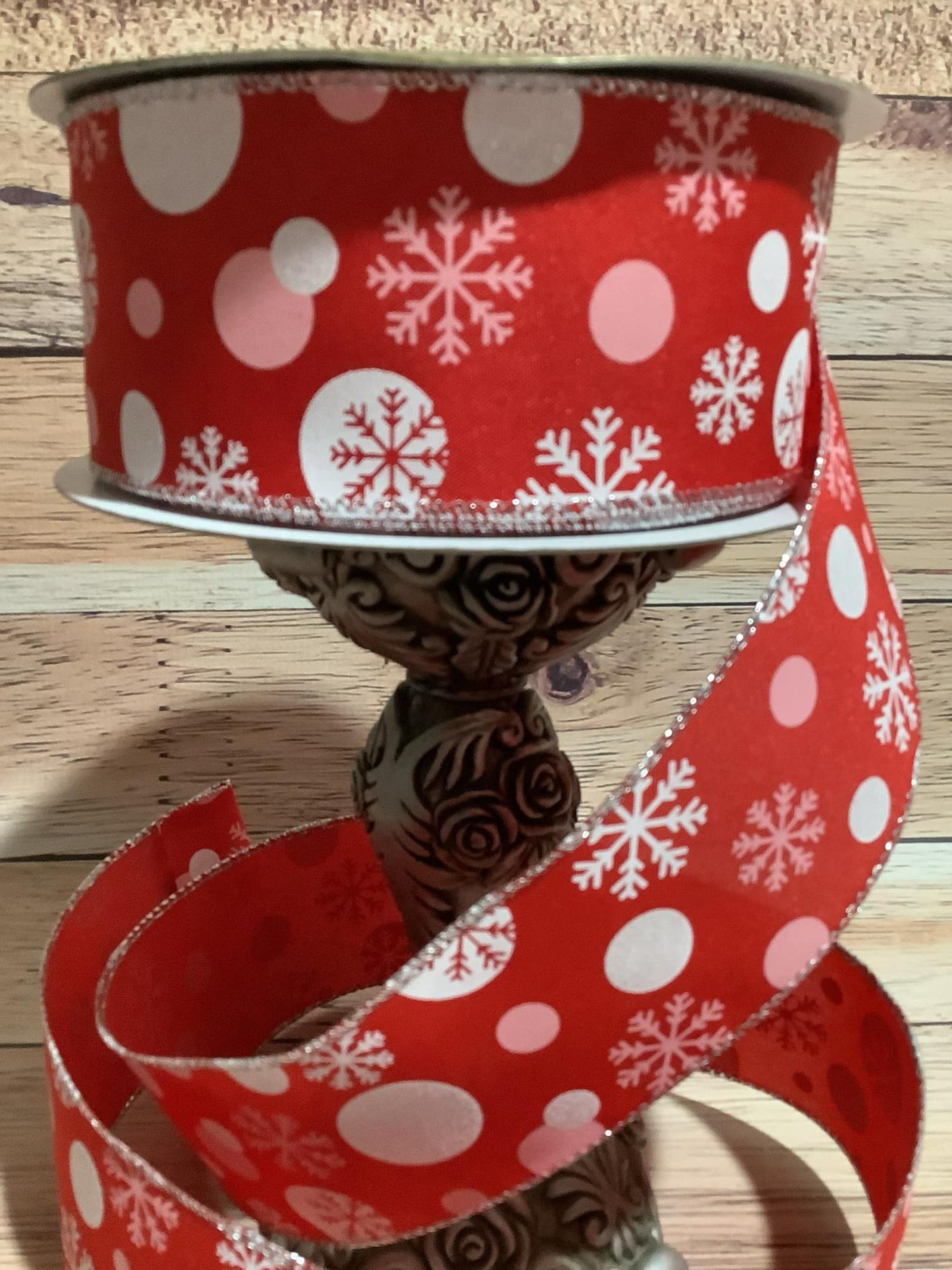 2.5" x 5 Yards Wired Red Ribbon With White And Pink Dots And Snowflakes - Ribbon For Bows, Wreaths And Home Decor