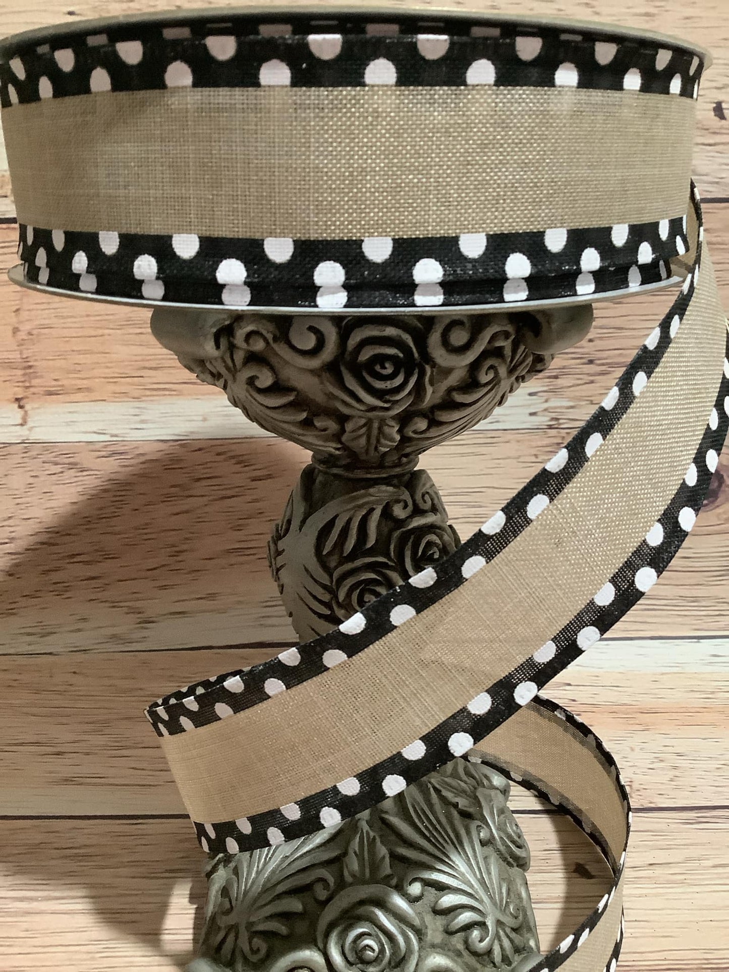 1.5" x 5 Yards Wired Beige Ribbon With Black With White Polka Dot Border - Ribbon For Bows, Wreaths And Home Decor