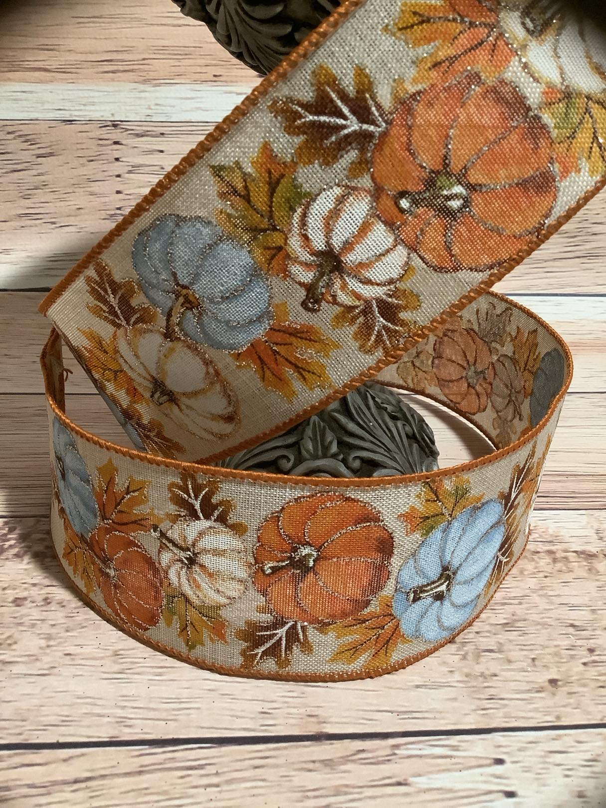 2.5" x 5 Yards Fall Pumpkin Print Wired Ribbon - Fall Pumpkins-Blue Pumpkin - Ribbon For Bows, Wreaths And Home Decor