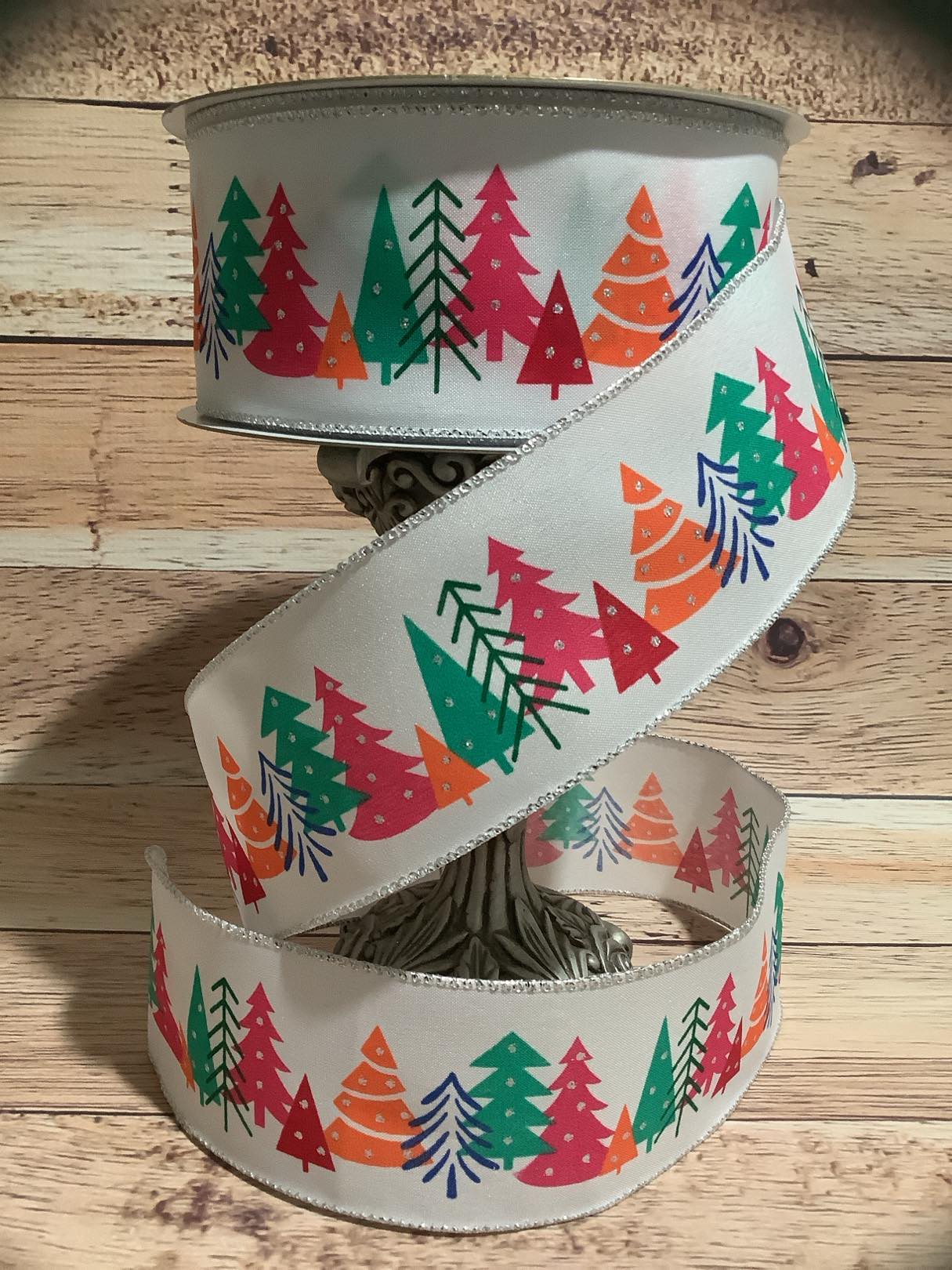 2.5" x 5  Yards Whimsical Christmas Tree Print Wired Christmas Ribbon - Wired Ribbon - Ribbon For Bows, Wreaths And Home Decor