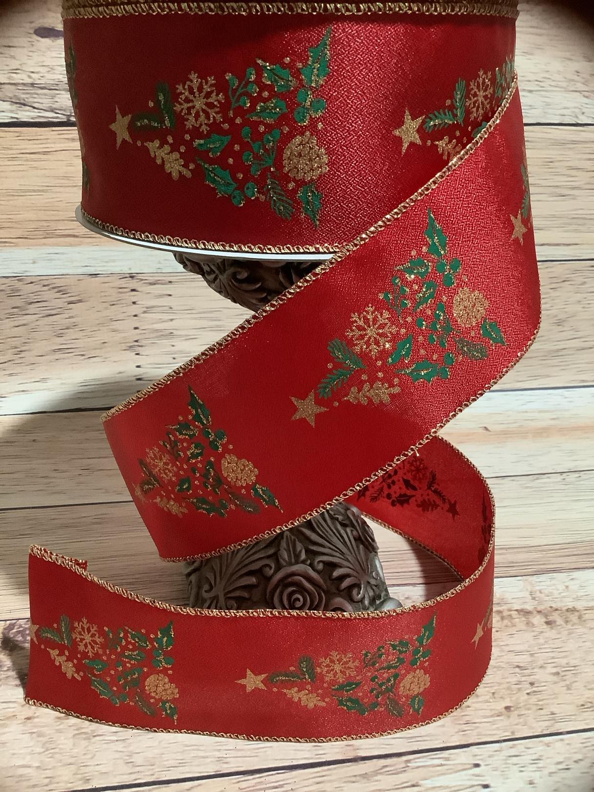 2.5" x 5 Yards Christmas Tree Print Wired Ribbon - Gold Glitter - Red And Green Ribbon - Ribbon For Bows, Wreaths And Home Decor