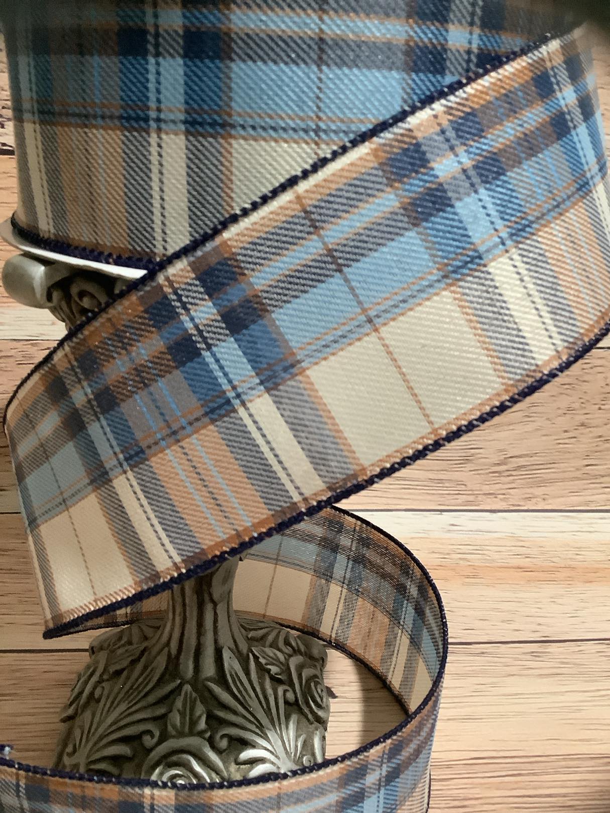 2.5" x  5 Yards Plaid Wired Ribbon - Blue, Brown And Cream Plaid Wired Ribbon - Ribbon For Bows, Wreaths And Home Decor