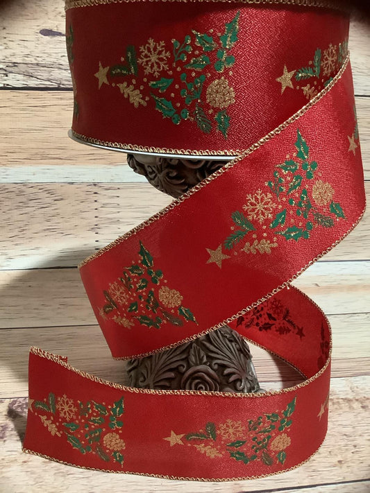 2.5" x 5 Yards Christmas Tree Print Wired Ribbon - Gold Glitter - Red And Green Ribbon - Ribbon For Bows, Wreaths And Home Decor