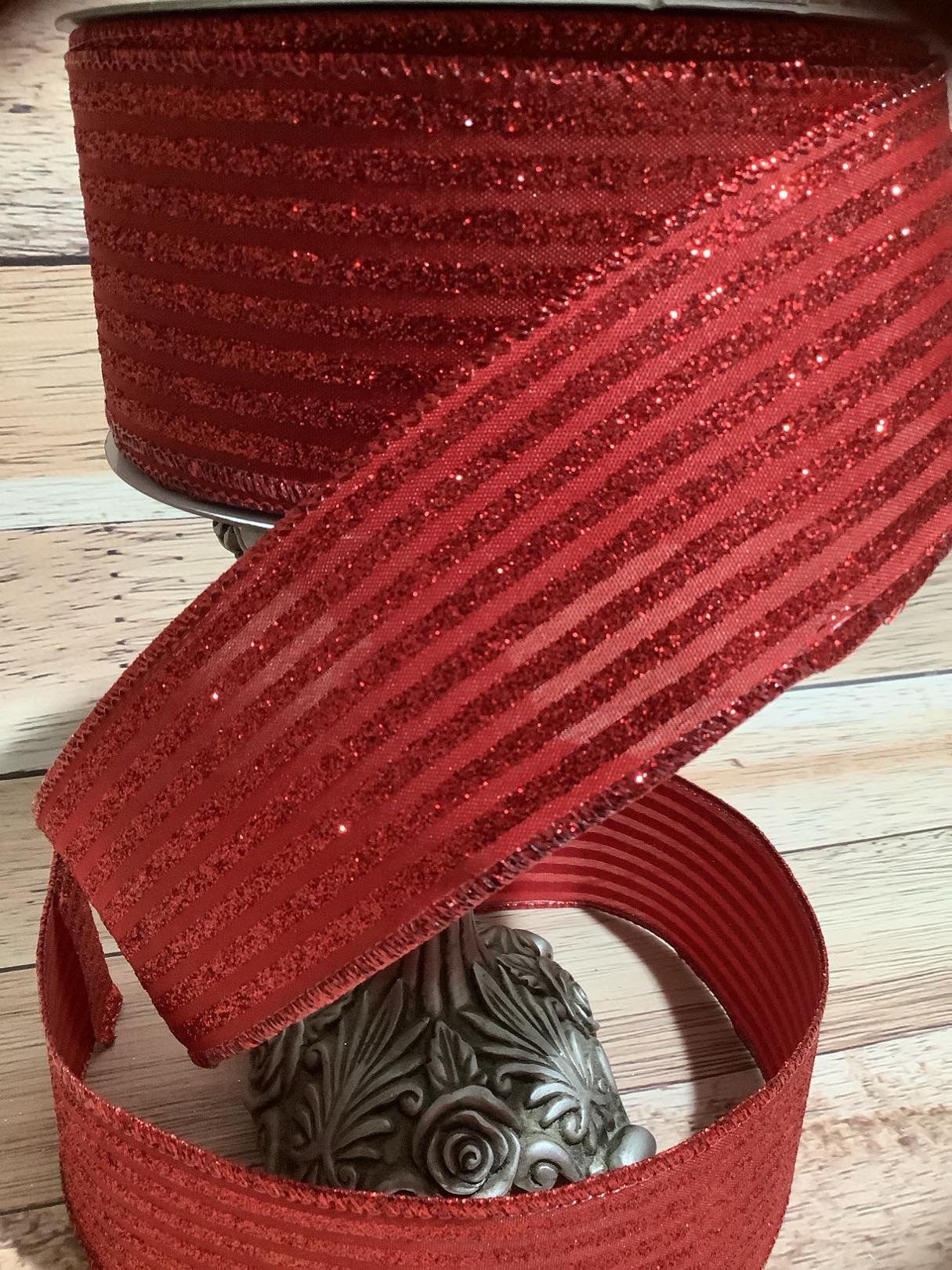 2.5" x 5 Yards Wired Red Canvas Ribbon With Horizontal Red Glitter Stripes