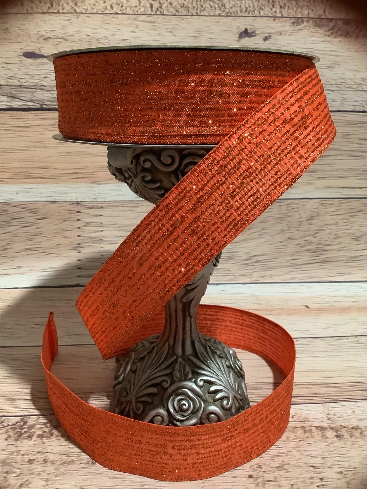 1.5" X 5 Yards Orange Wired Ribbon With Orange Glitter Stripes - Halloween Ribbon - Fall Ribbon