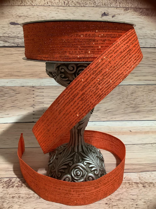 1.5" X 5 Yards Orange Wired Ribbon With Orange Glitter Stripes - Halloween Ribbon - Fall Ribbon