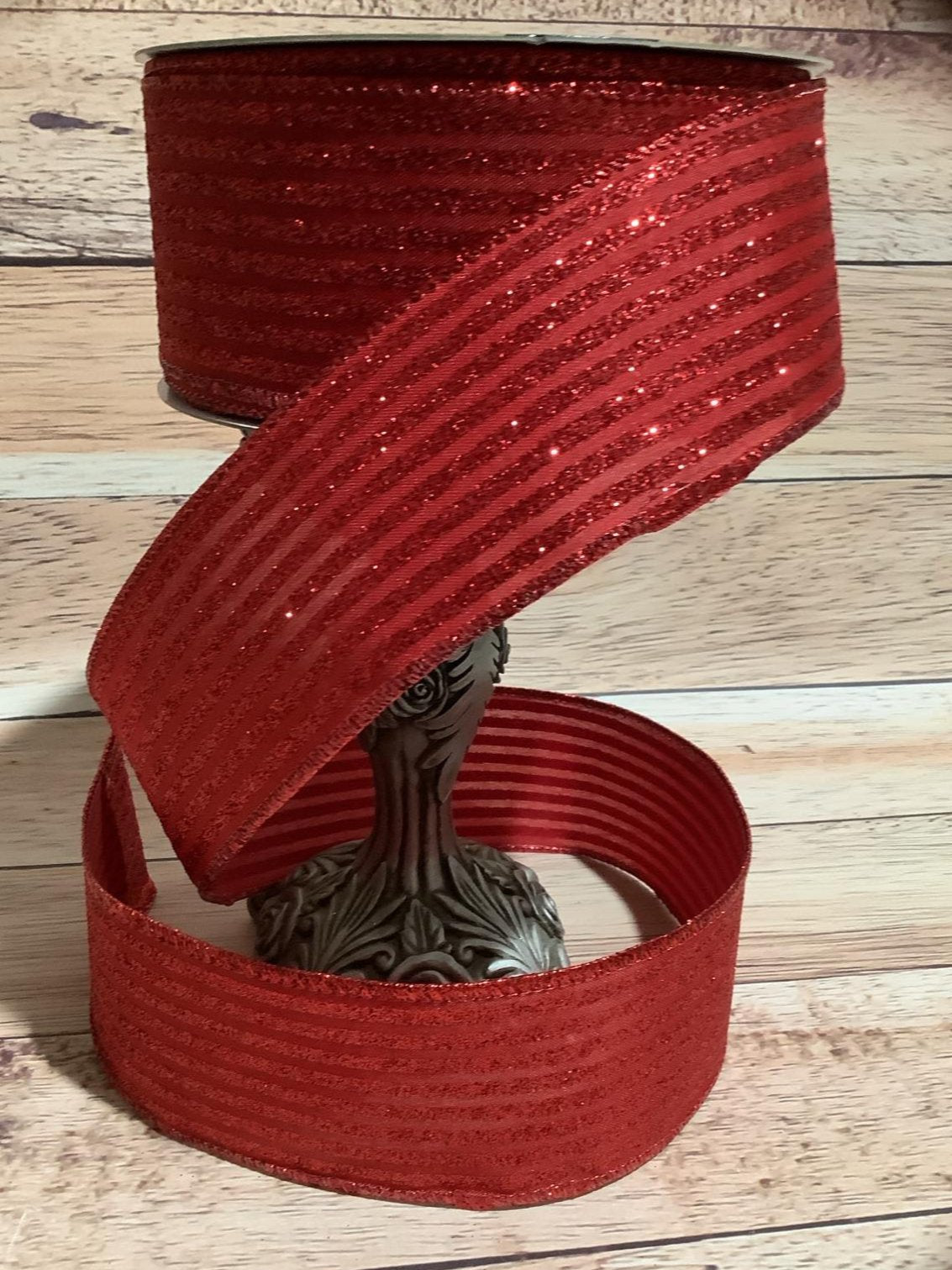 2.5" x 5 Yards Wired Red Canvas Ribbon With Horizontal Red Glitter Stripes