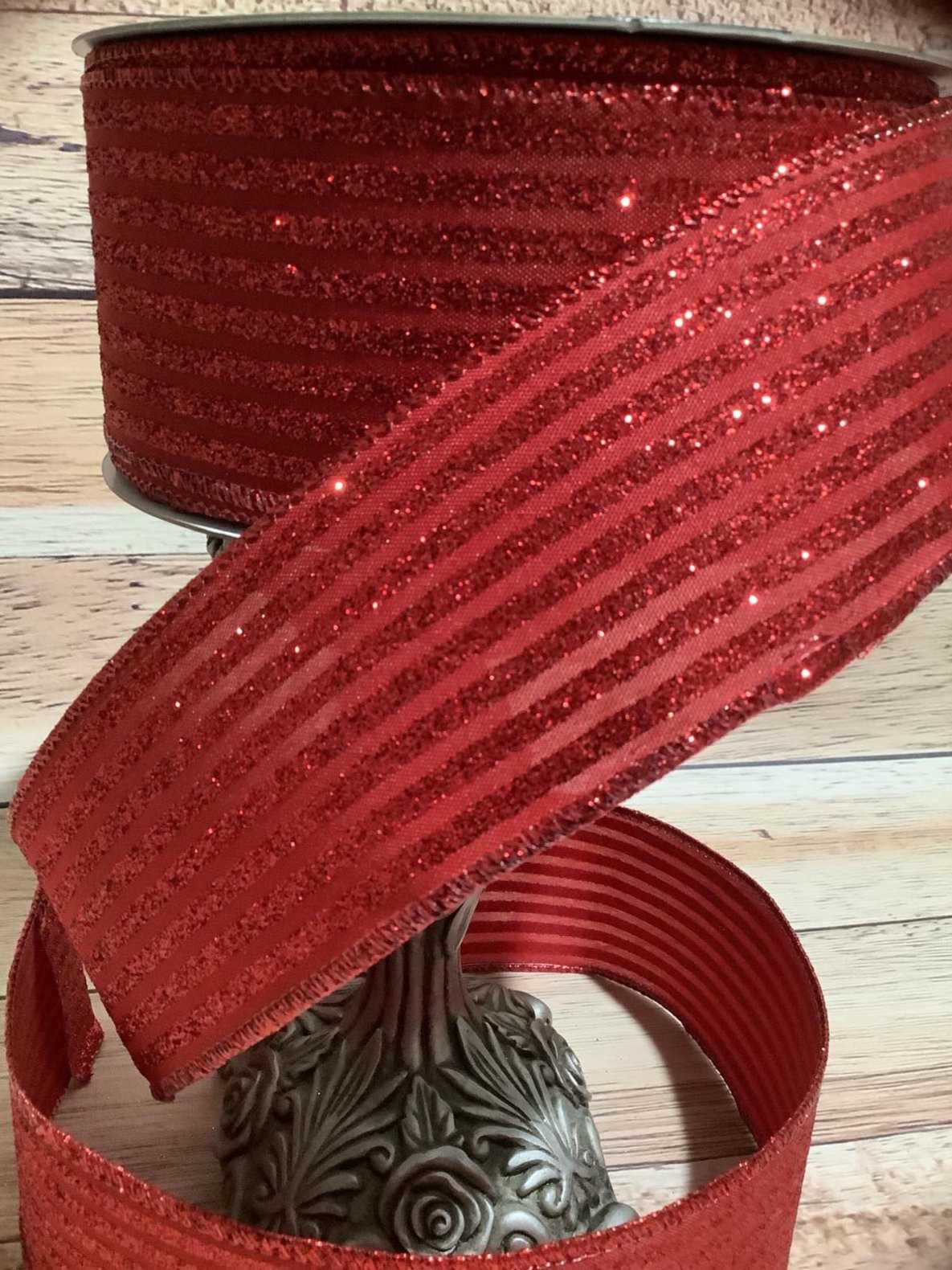 2.5" x 5 Yards Wired Red Canvas Ribbon With Horizontal Red Glitter Stripes