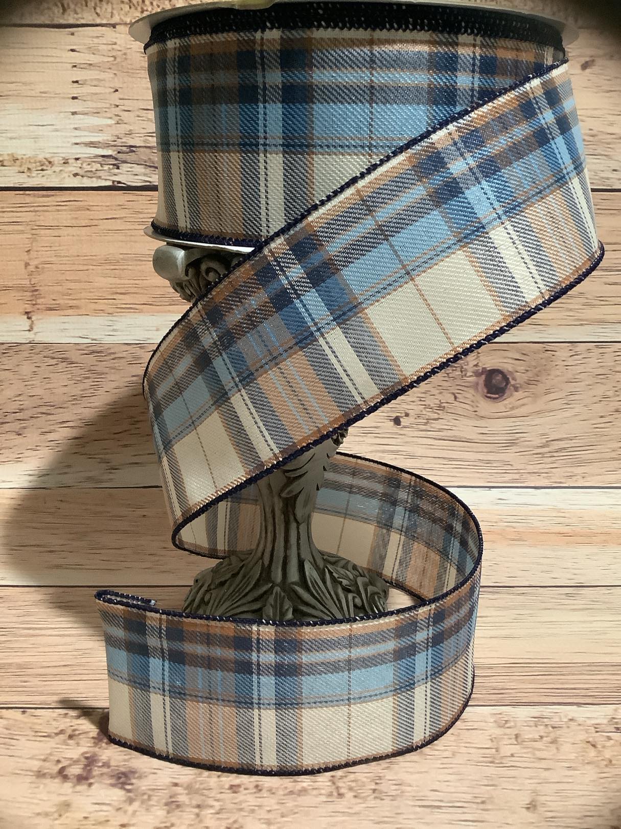 2.5" x  5 Yards Plaid Wired Ribbon - Blue, Brown And Cream Plaid Wired Ribbon - Ribbon For Bows, Wreaths And Home Decor