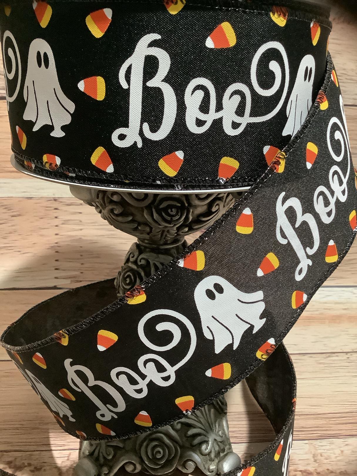 2.5" x 5 Yards Halloween Wired Ribbon - Black With Printed Boo, Ghosts And Candy Corn - Ribbon For Bows, Wreaths And Home Decor