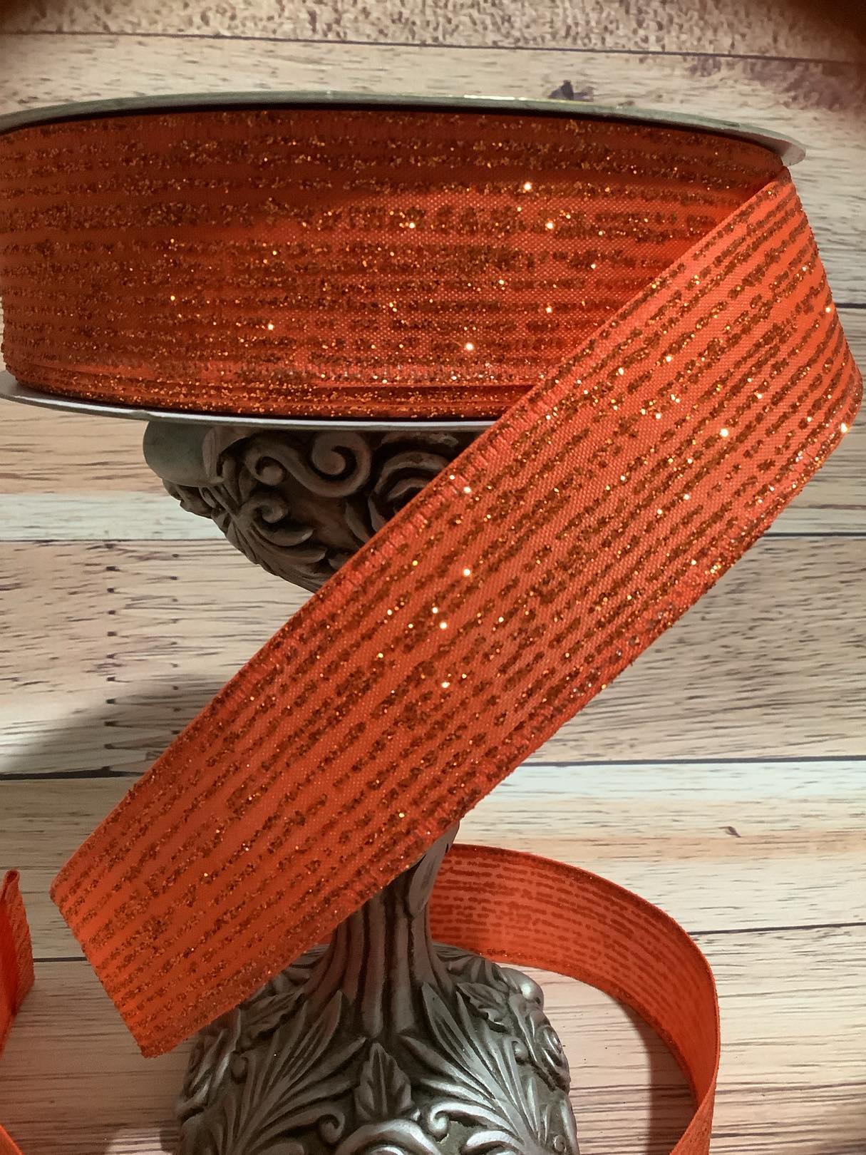 1.5" X 5 Yards Orange Wired Ribbon With Orange Glitter Stripes - Halloween Ribbon - Fall Ribbon