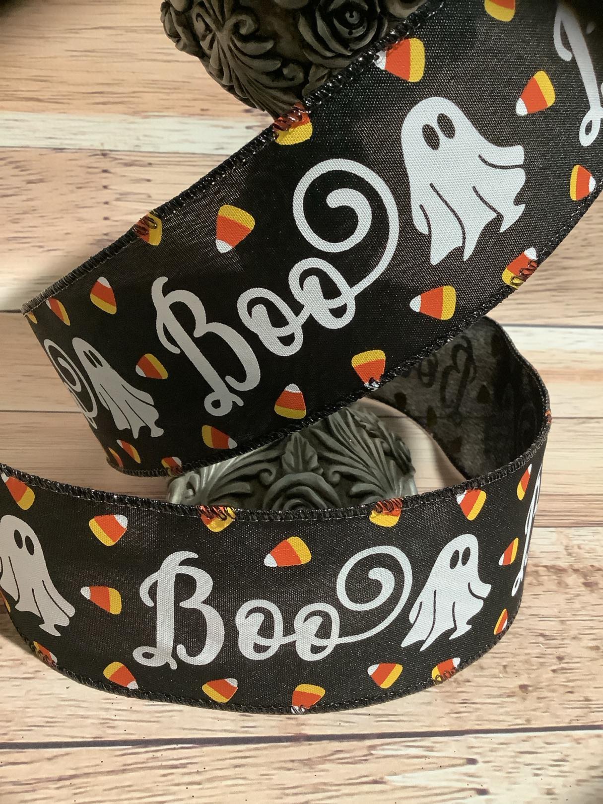 2.5" x 5 Yards Halloween Wired Ribbon - Black With Printed Boo, Ghosts And Candy Corn - Ribbon For Bows, Wreaths And Home Decor