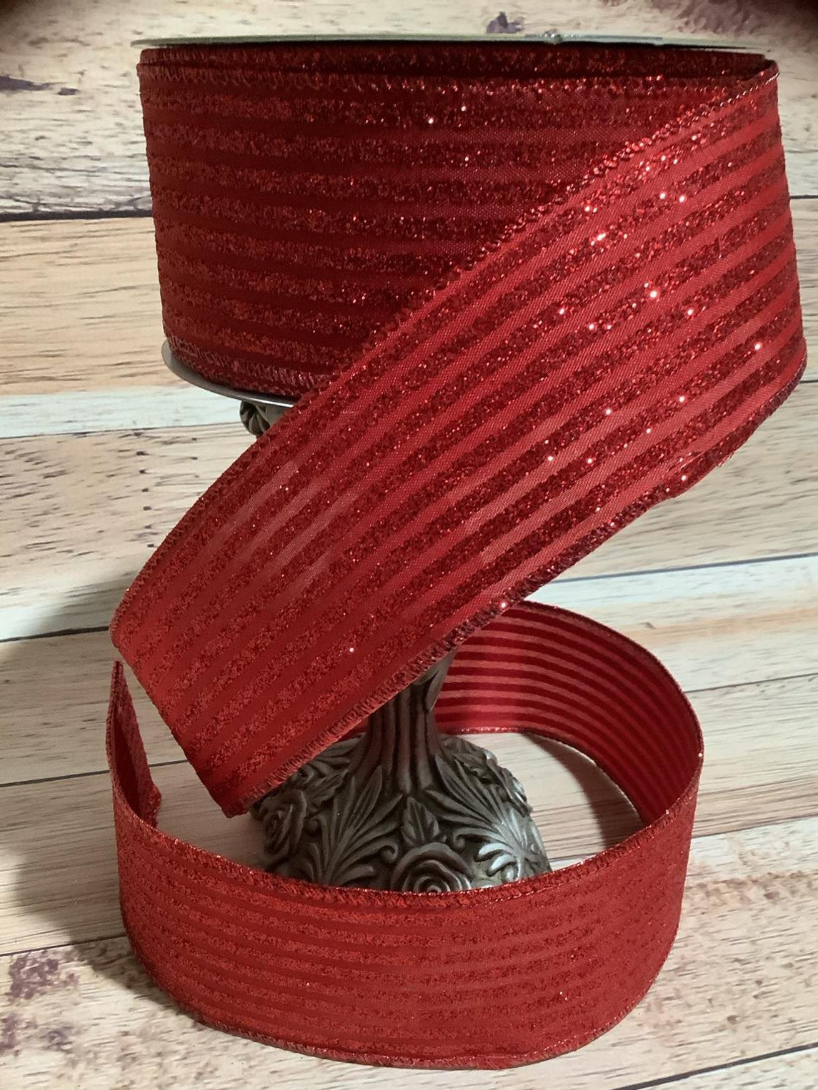 2.5" x 5 Yards Wired Red Canvas Ribbon With Horizontal Red Glitter Stripes