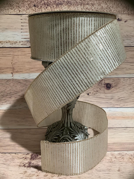 2.5" x  5 Yards Ivory Wired Ribbon With Gold Glitter Vertical Stripes - Ribbon For Bows, Wreaths And Home Decor