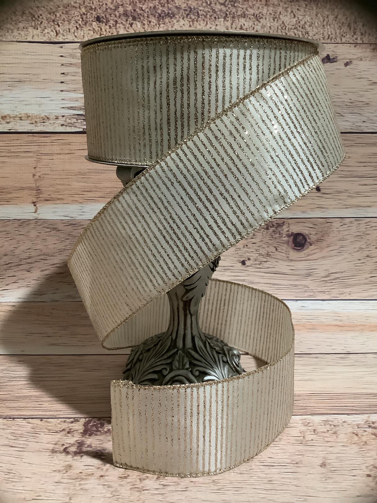 2.5" x  5 Yards Ivory Wired Ribbon With Gold Glitter Vertical Stripes - Ribbon For Bows, Wreaths And Home Decor