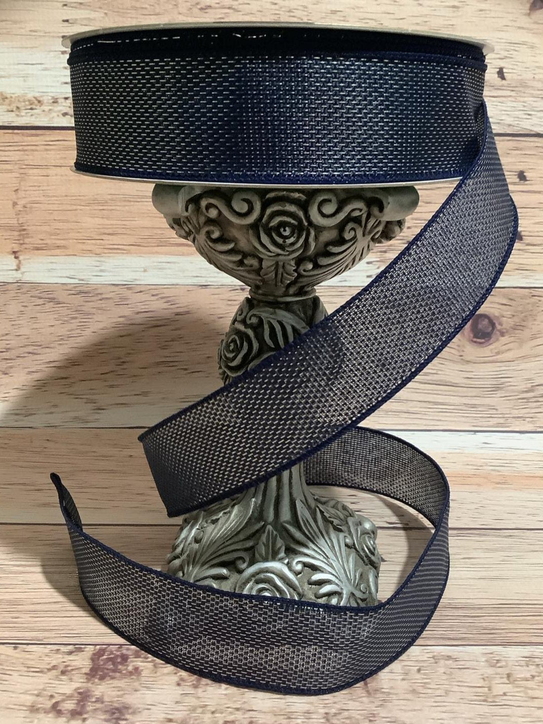 1.5" X 5 Yards Navy Blue and Silver Metallic Wired Ribbon