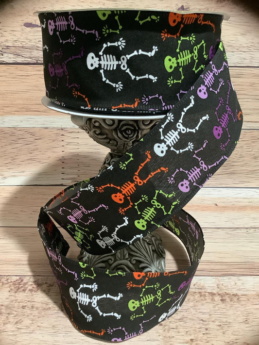 2.5" x 5 Yards Skeleton Wired Ribbon - Halloween Wired Ribbon - Ribbon For Bows, Wreaths And Home Decor