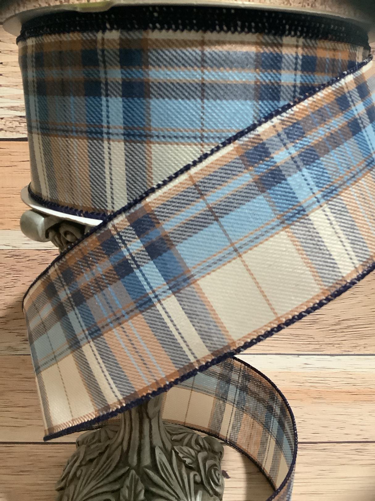 2.5" x  5 Yards Plaid Wired Ribbon - Blue, Brown And Cream Plaid Wired Ribbon - Ribbon For Bows, Wreaths And Home Decor