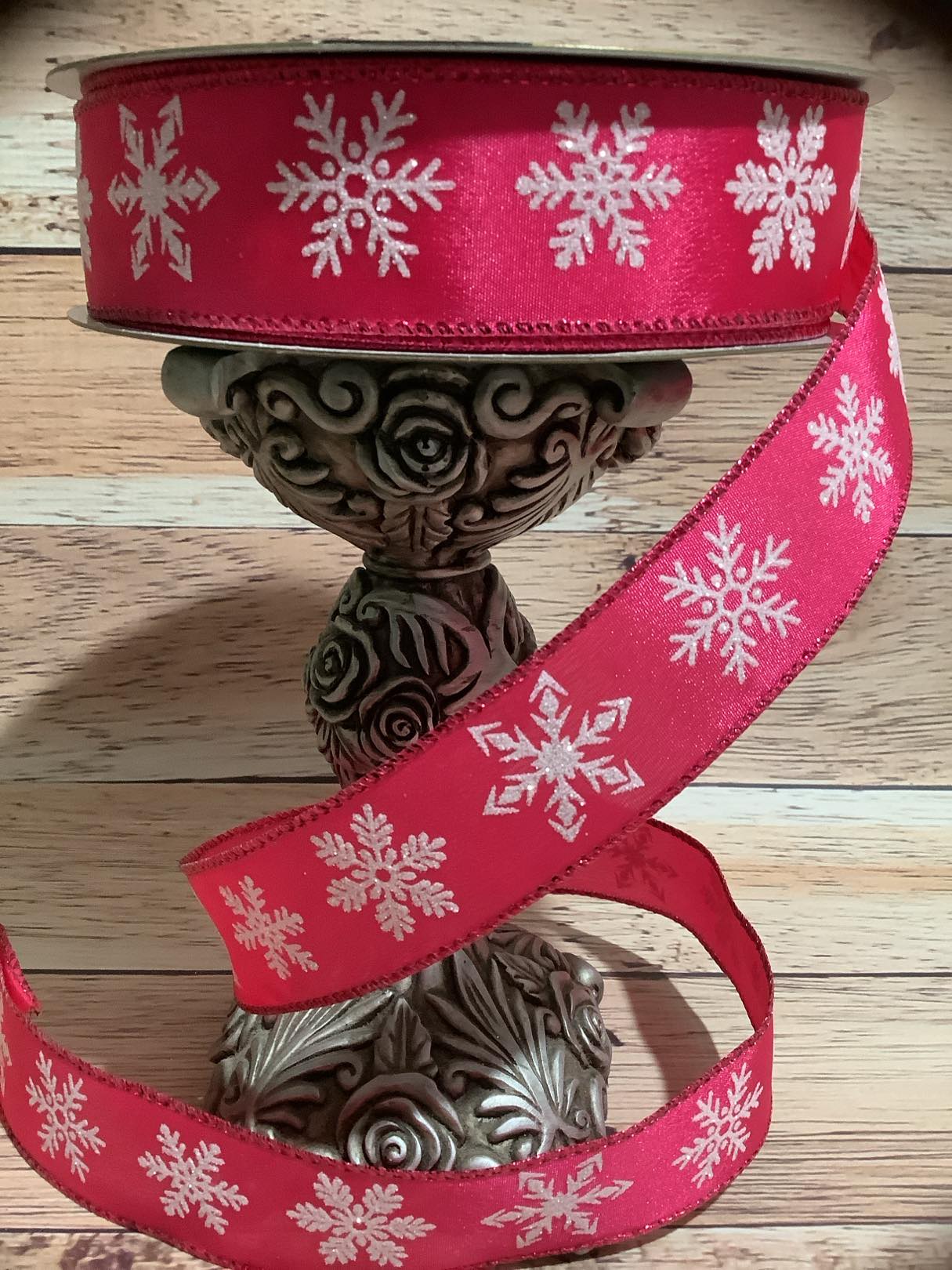 1.5" x 5 Yards Hot Pink Wired Ribbon With White Glittered Snowflakes - Ribbon For Bows, Wreaths And Home Decor