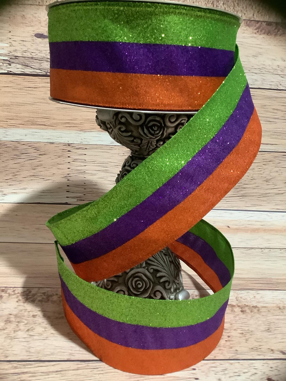 2.5" X 5 Yards Sparkle Striped Halloween Wired Ribbon - Metallic Ribbon - Green, Purple And Orange Striped Ribbon