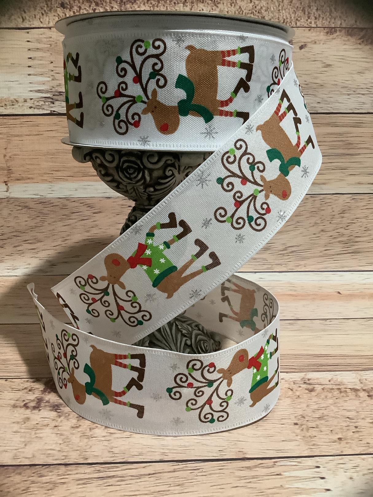 2.5" x 5 Yards Whimsical Reinder Print Wired Ribbon - Christmas Ribbon - Ribbon For Bows, Wreaths And Home Decor