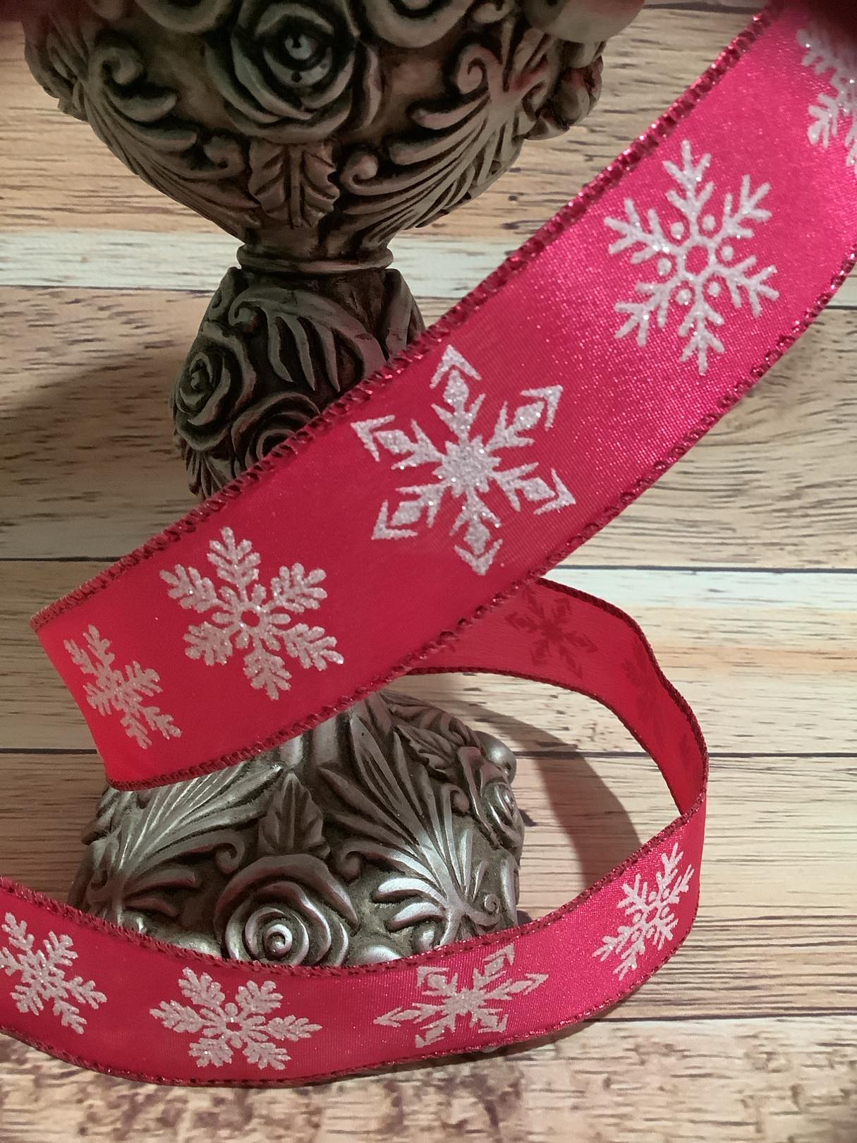 1.5" x 5 Yards Hot Pink Wired Ribbon With White Glittered Snowflakes - Ribbon For Bows, Wreaths And Home Decor