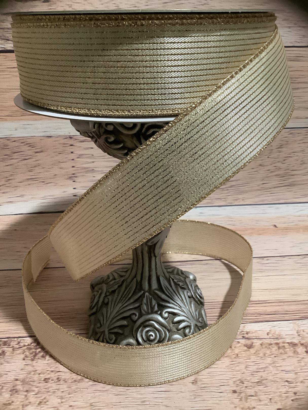 1.5" x 5 Yards Gold Wired Ribbon With Gold Metallic Horizontal Stripes - Ribbon For Bows, Wreaths And Home Decor