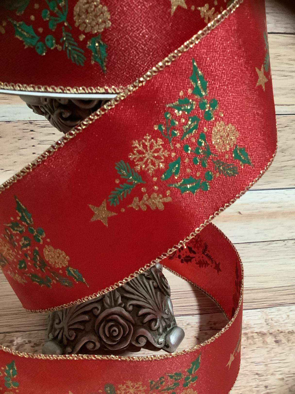 2.5" x 5 Yards Christmas Tree Print Wired Ribbon - Gold Glitter - Red And Green Ribbon - Ribbon For Bows, Wreaths And Home Decor