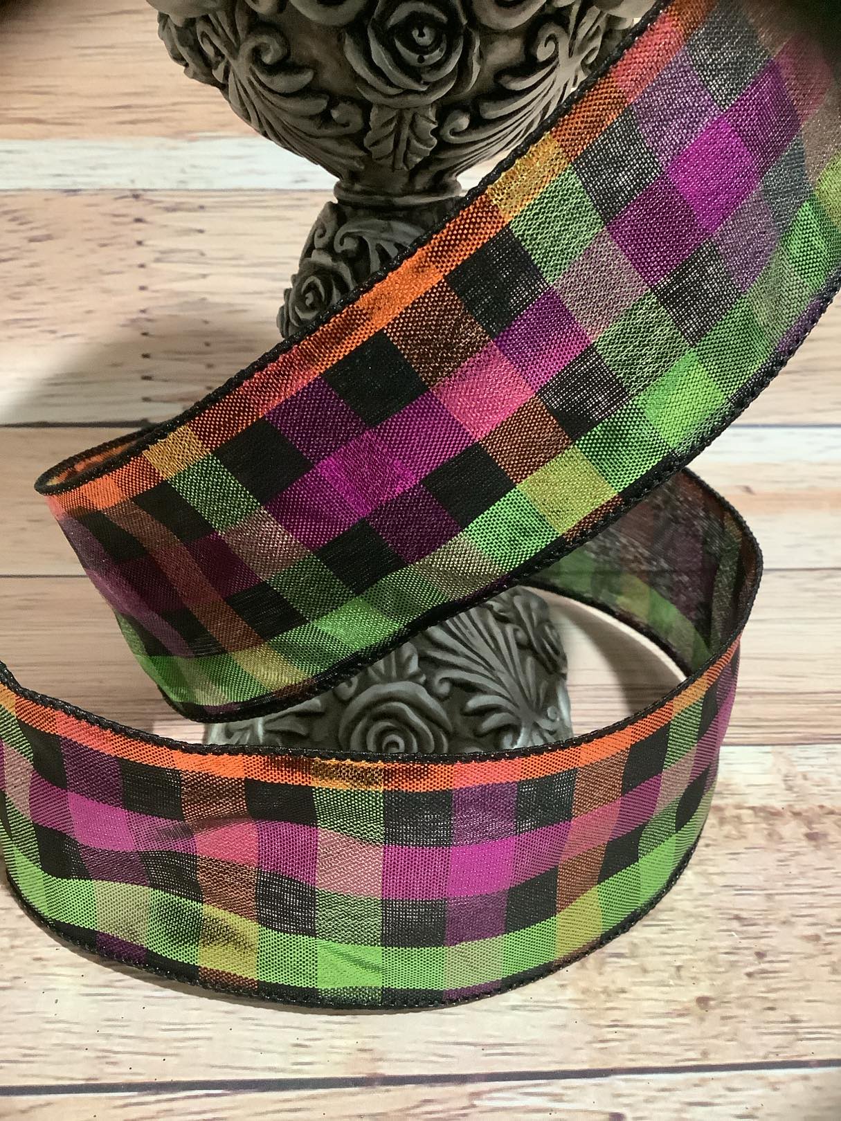 2.5" x 5 Yards Green, Purple, Orange And Black Metallic Plaid Wired Ribbon - Halloween Wired Ribbon - Ribbon For Bows, Wreaths And Home Decor