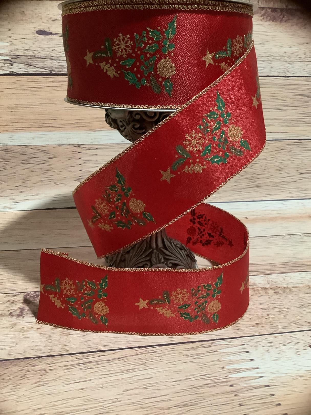 2.5" x 5 Yards Christmas Tree Print Wired Ribbon - Gold Glitter - Red And Green Ribbon - Ribbon For Bows, Wreaths And Home Decor