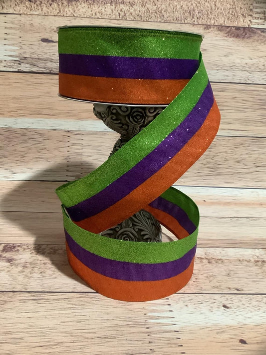 2.5" X 5 Yards Sparkle Striped Halloween Wired Ribbon - Metallic Ribbon - Green, Purple And Orange Striped Ribbon