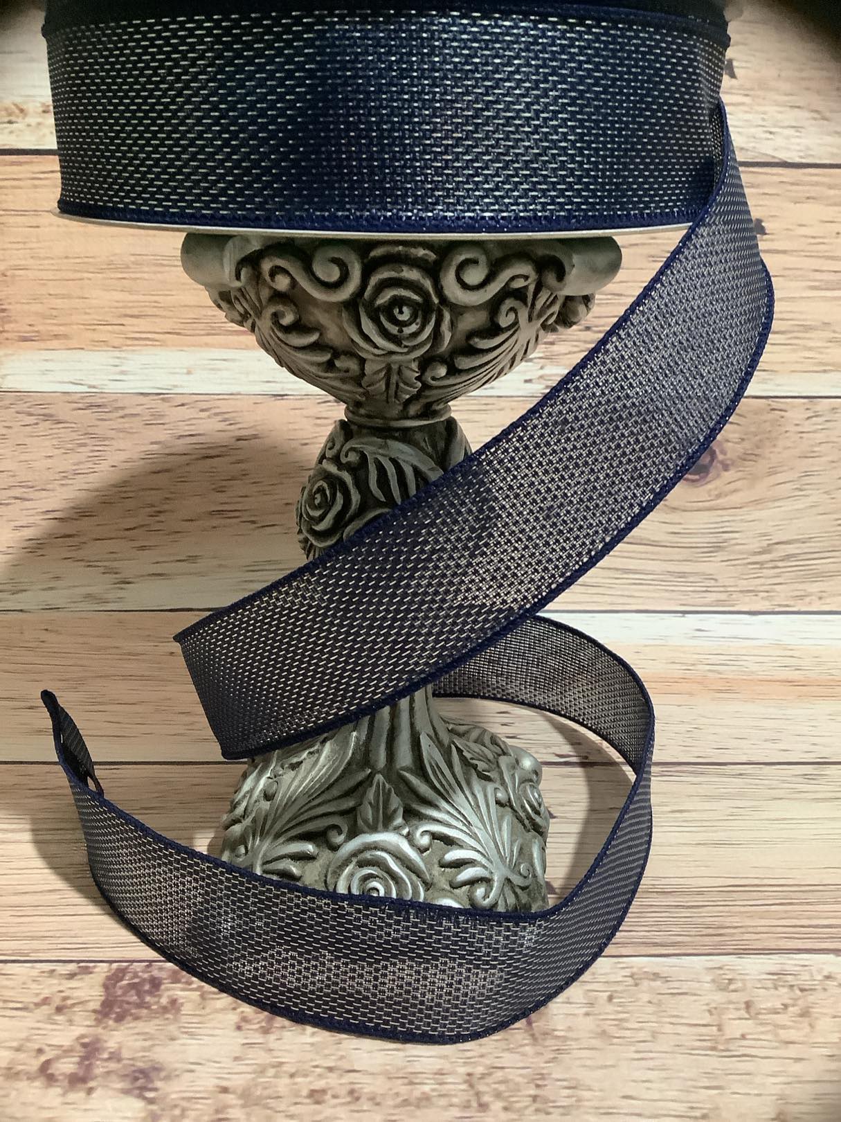 1.5" X 5 Yards Navy Blue and Silver Metallic Wired Ribbon