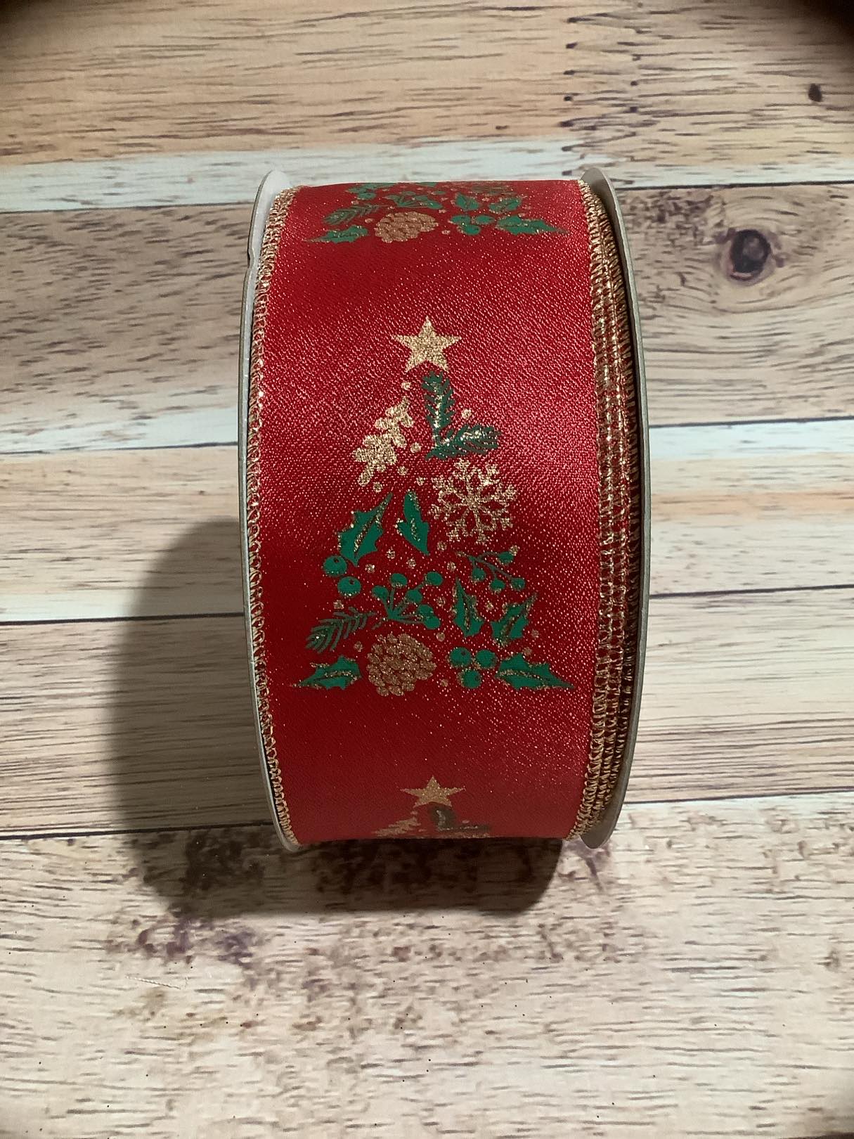 2.5" x 5 Yards Christmas Tree Print Wired Ribbon - Gold Glitter - Red And Green Ribbon - Ribbon For Bows, Wreaths And Home Decor