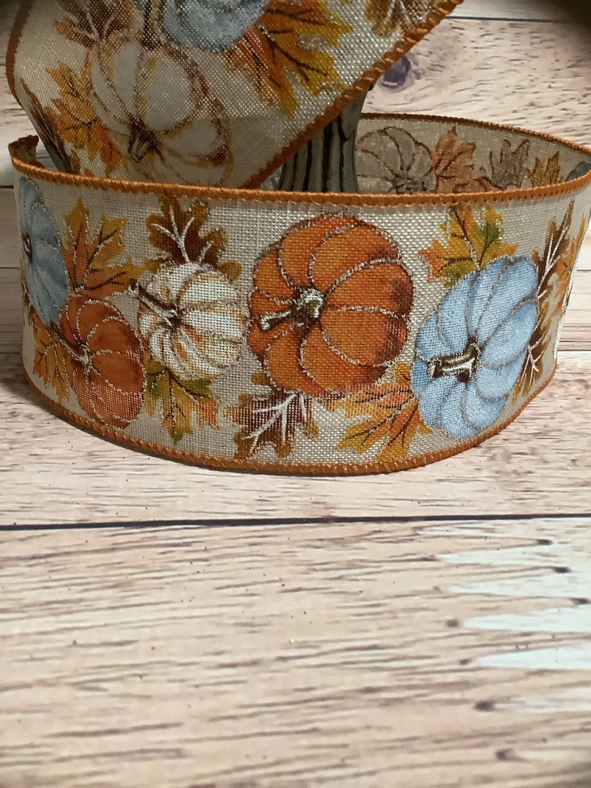 2.5" x 5 Yards Fall Pumpkin Print Wired Ribbon - Fall Pumpkins-Blue Pumpkin - Ribbon For Bows, Wreaths And Home Decor