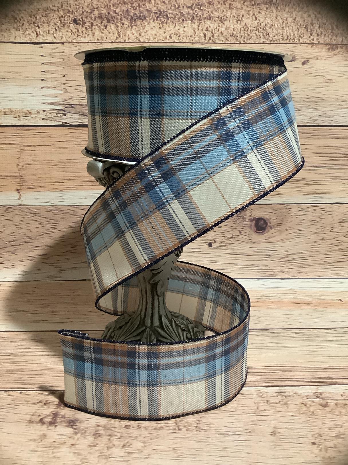 2.5" x  5 Yards Plaid Wired Ribbon - Blue, Brown And Cream Plaid Wired Ribbon - Ribbon For Bows, Wreaths And Home Decor