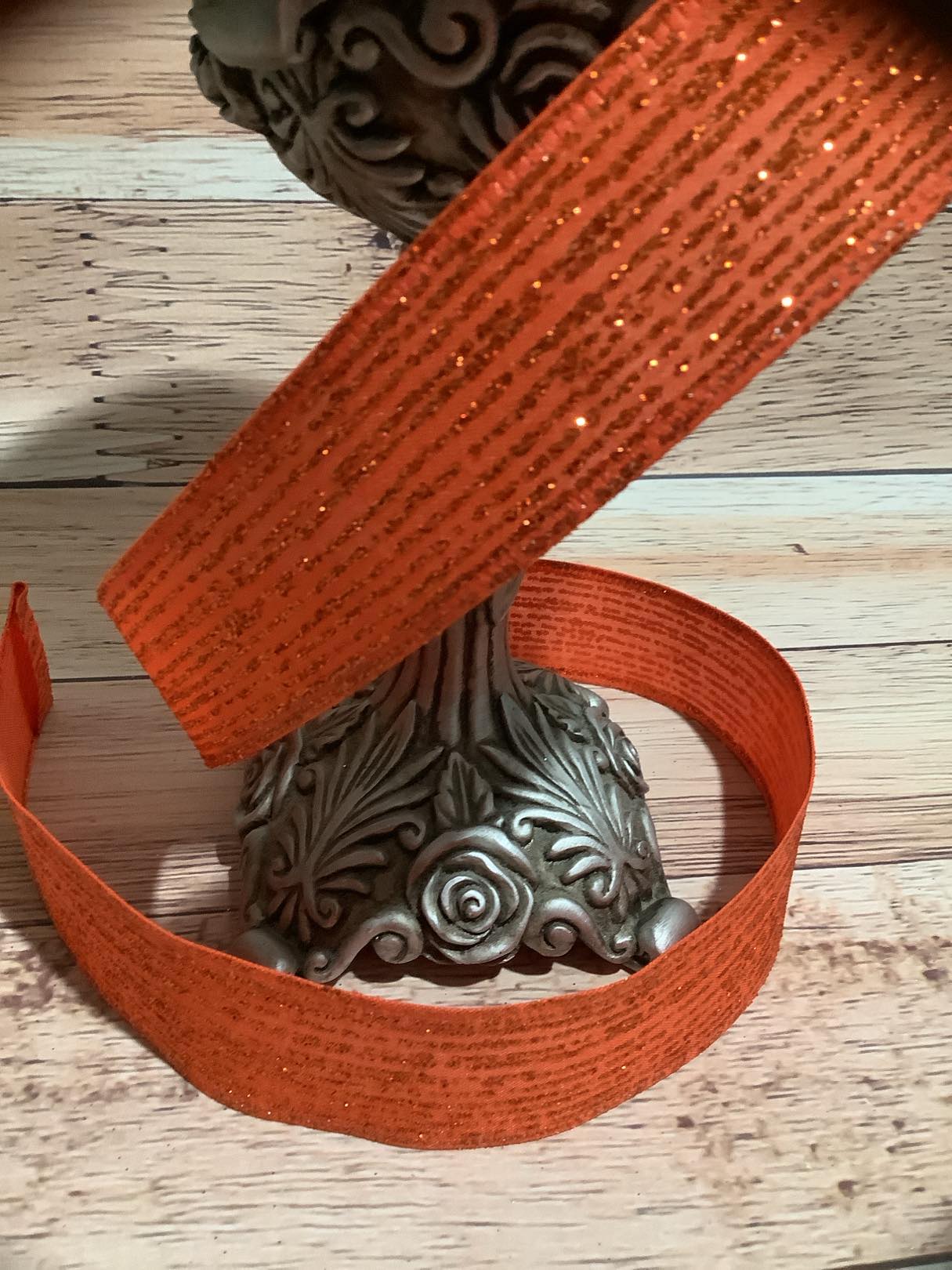 1.5" X 5 Yards Orange Wired Ribbon With Orange Glitter Stripes - Halloween Ribbon - Fall Ribbon