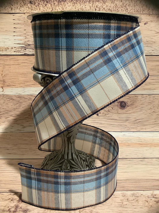 2.5" x  5 Yards Plaid Wired Ribbon - Blue, Brown And Cream Plaid Wired Ribbon - Ribbon For Bows, Wreaths And Home Decor