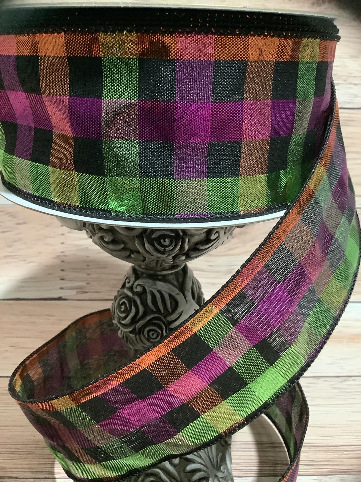 2.5" x 5 Yards Green, Purple, Orange And Black Metallic Plaid Wired Ribbon - Halloween Wired Ribbon - Ribbon For Bows, Wreaths And Home Decor