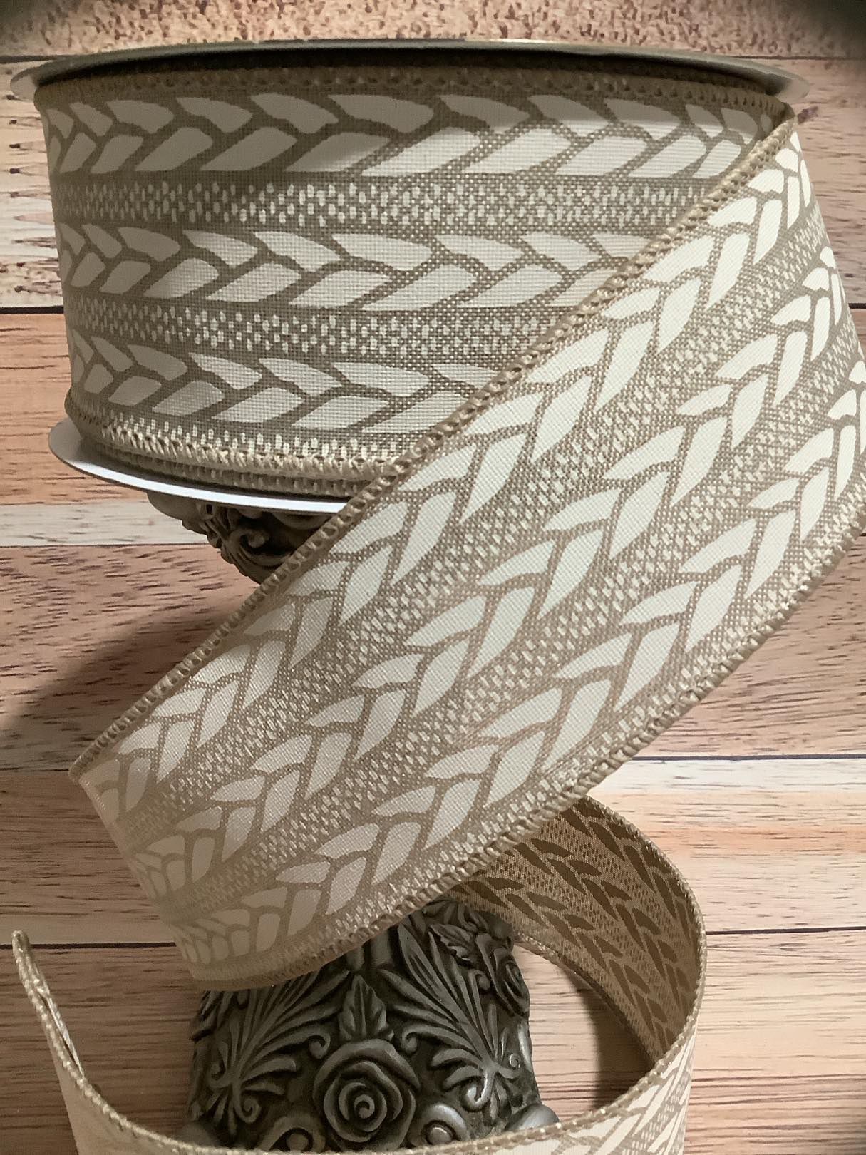 2.5" x 5 Yards Beige And Cream Rope Patterned Wired Ribbon - Ribbon For Bows, Wreaths And Home Decor