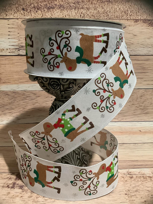 2.5" x 5 Yards Whimsical Reinder Print Wired Ribbon - Christmas Ribbon - Ribbon For Bows, Wreaths And Home Decor