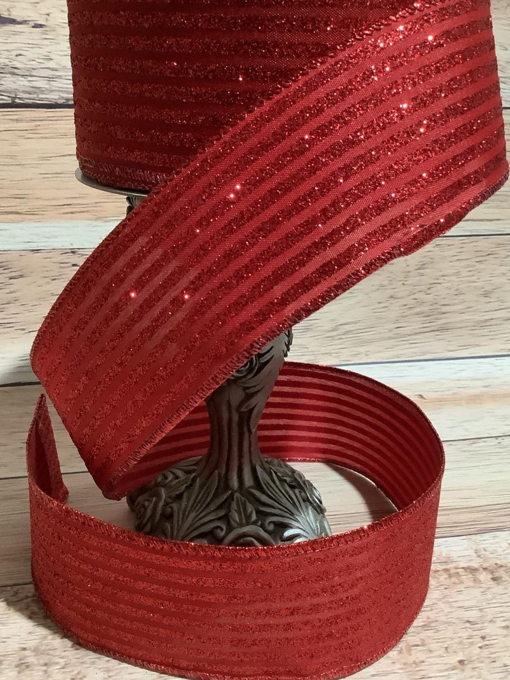 2.5" x 5 Yards Wired Red Canvas Ribbon With Horizontal Red Glitter Stripes