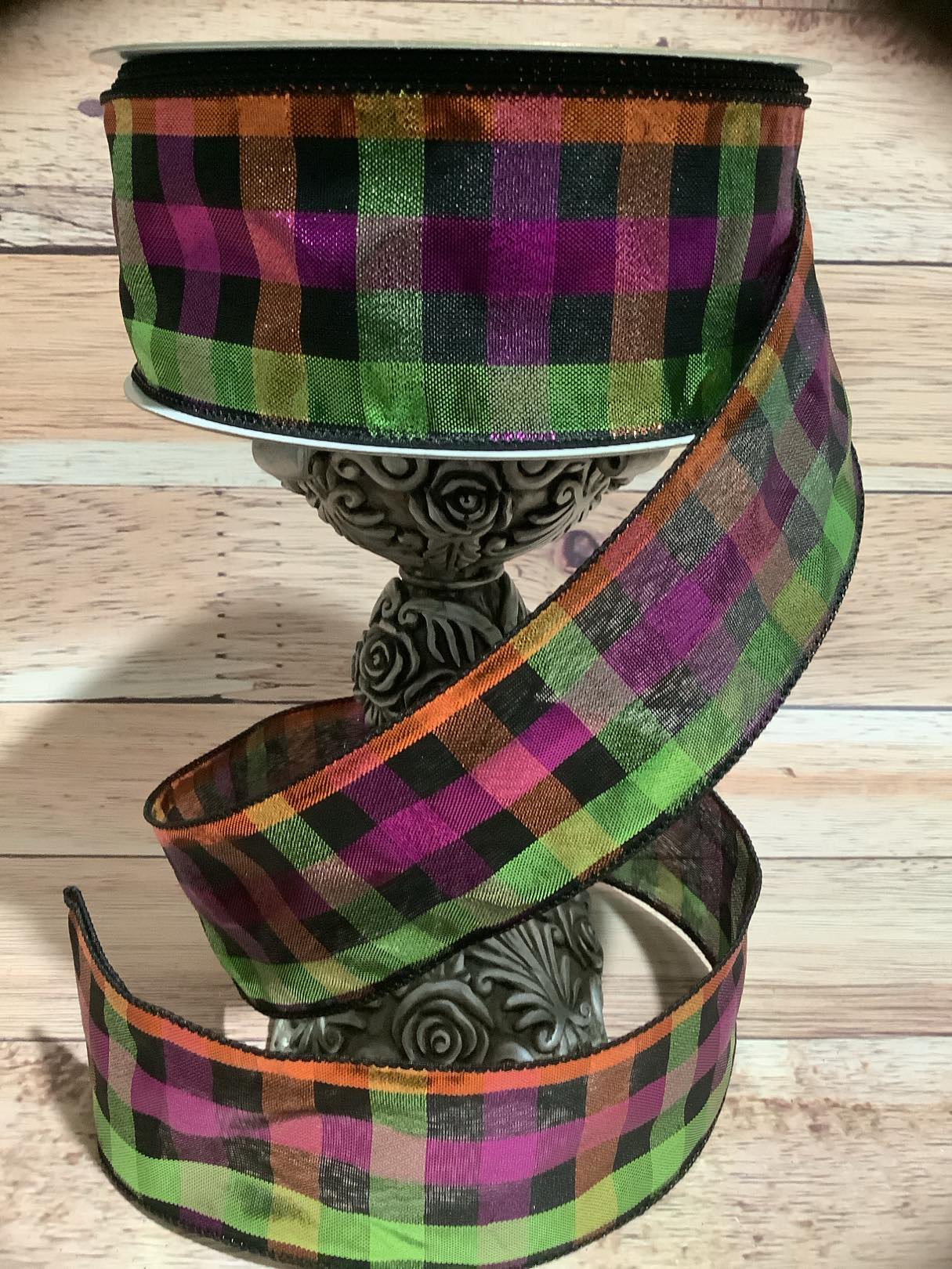 2.5" x 5 Yards Green, Purple, Orange And Black Metallic Plaid Wired Ribbon - Halloween Wired Ribbon - Ribbon For Bows, Wreaths And Home Decor