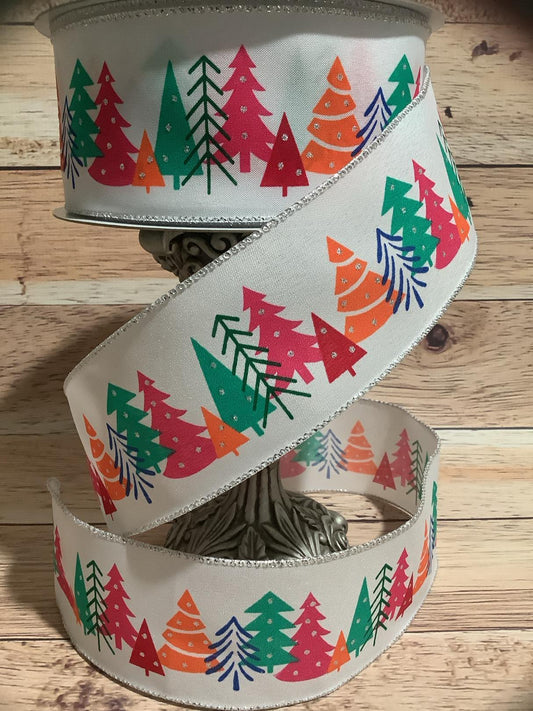 2.5" x 5  Yards Whimsical Christmas Tree Print Wired Christmas Ribbon - Wired Ribbon - Ribbon For Bows, Wreaths And Home Decor